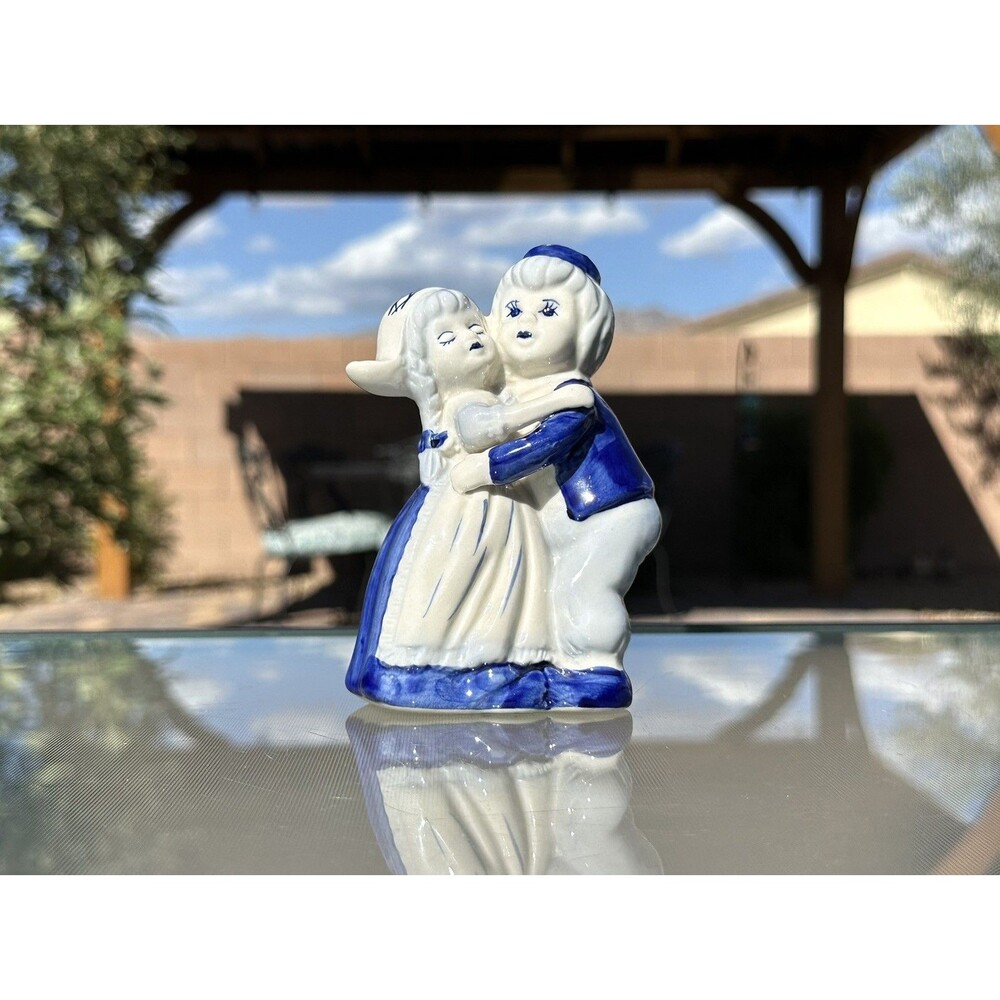 Vintage Hand Painted Ceramic Figurine Delft Blue Dutch Boy and Girl Hugging